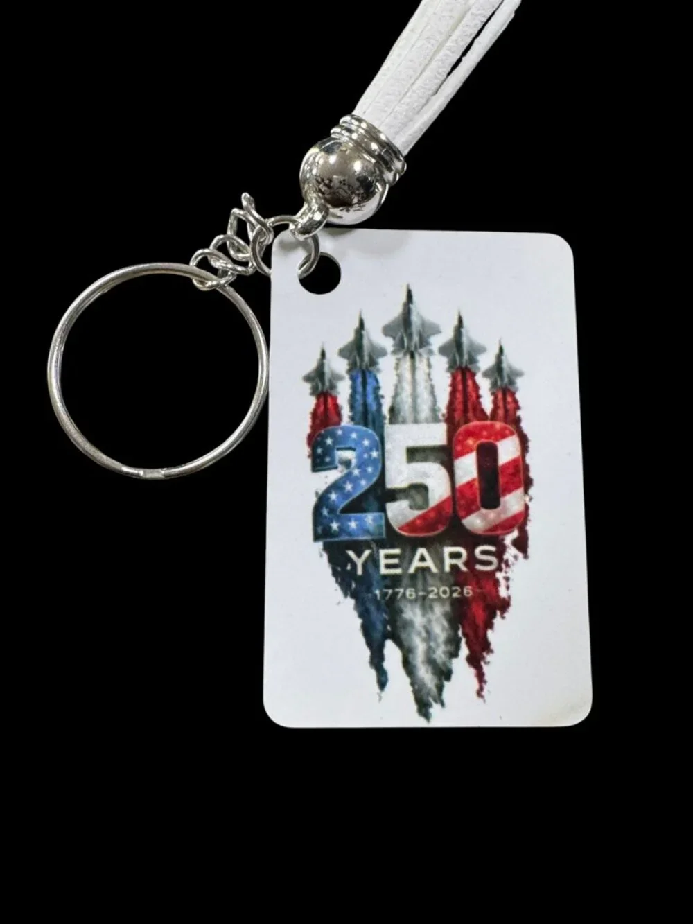 USA 250 Years Anniversary Keychain, Metal, White Tassel, Patriotic 1776-2026 Com